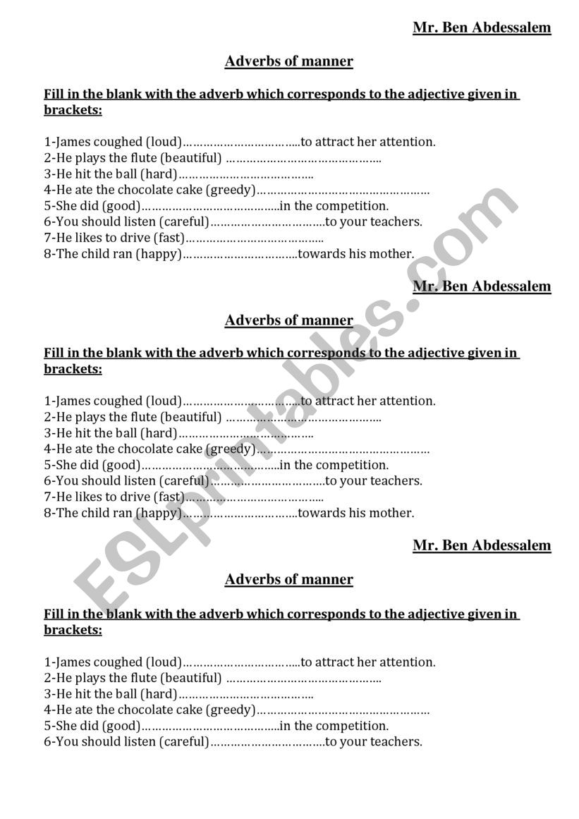 Adverbs of manner worksheet