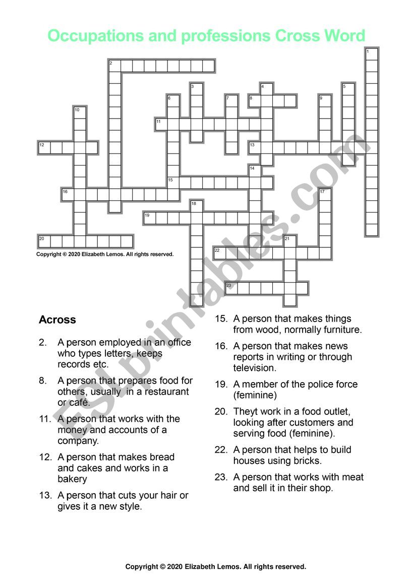 Occupations and professions Crossword with Key