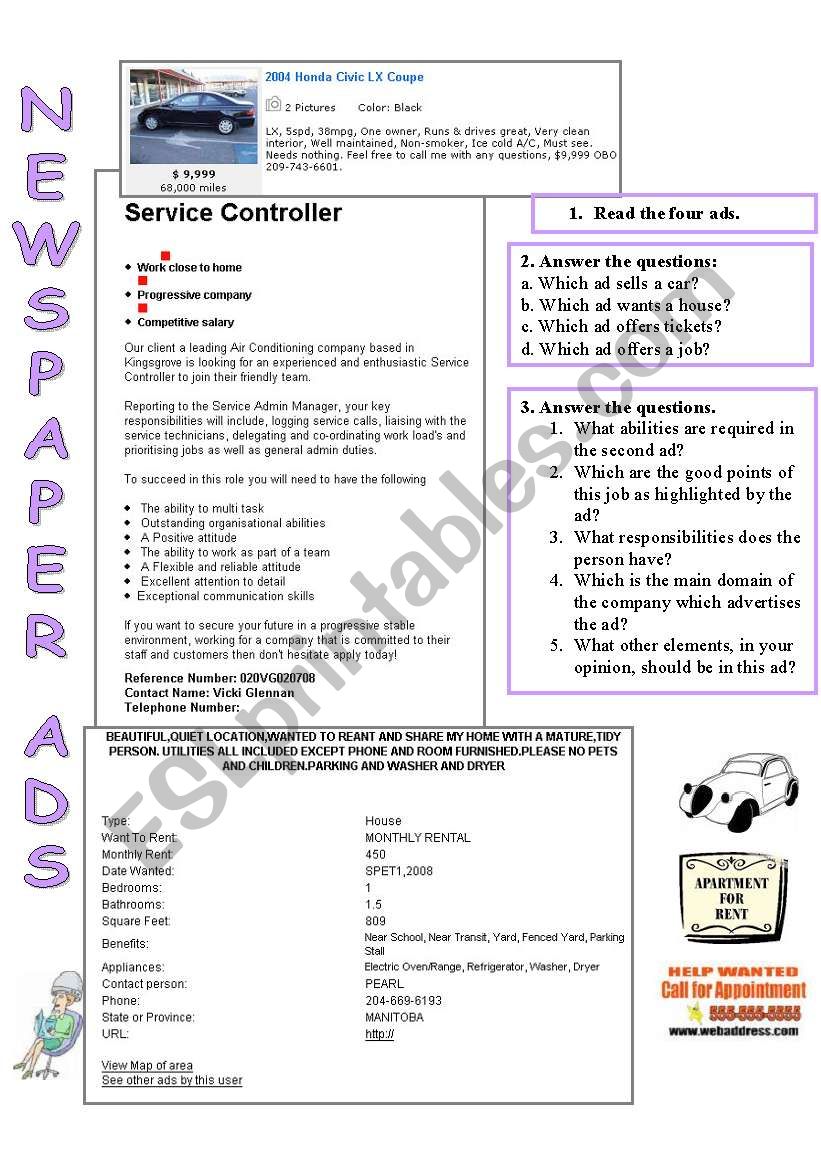 NEWSPAPER ADS worksheet