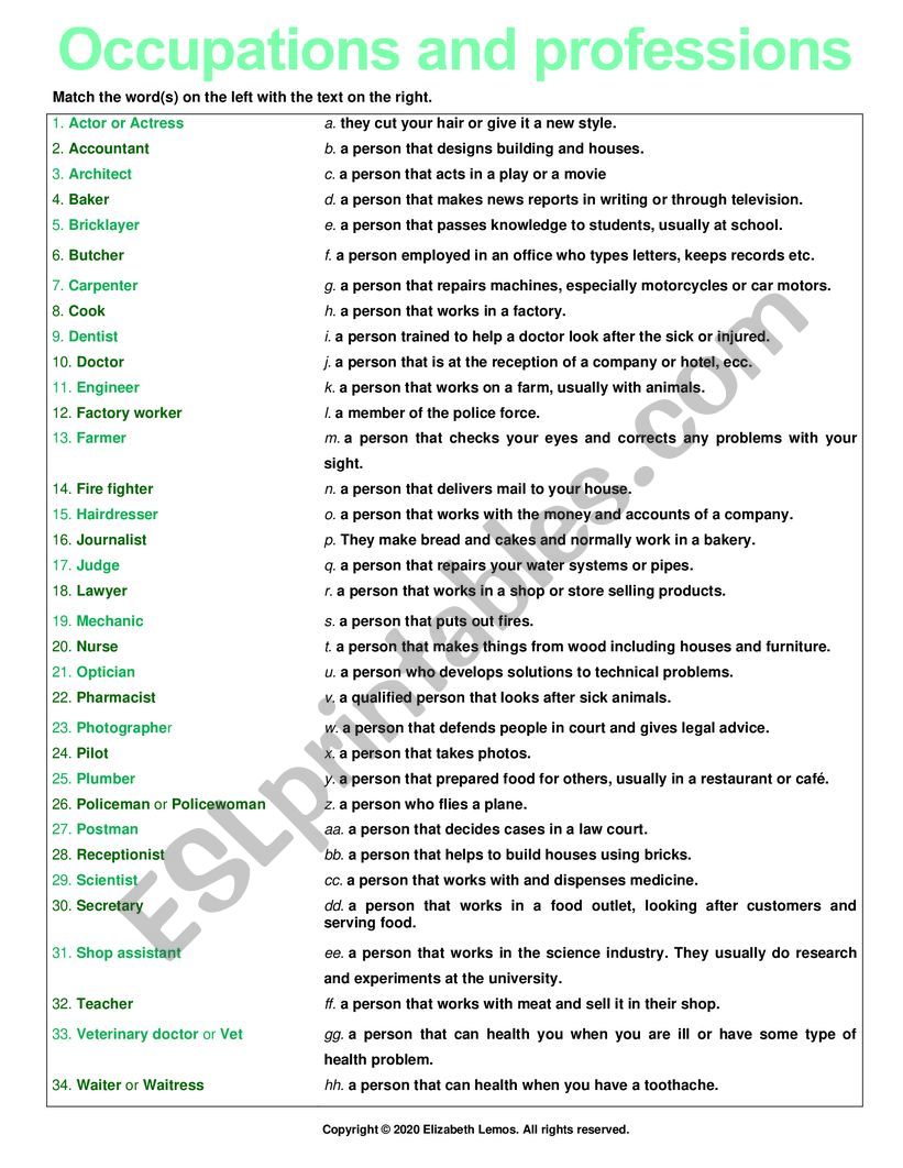 Occupations and profession Worksheet (Jumble List)