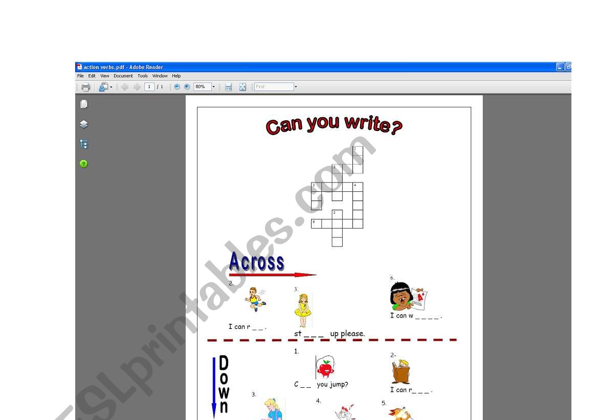 Action Verbs Crossword worksheet