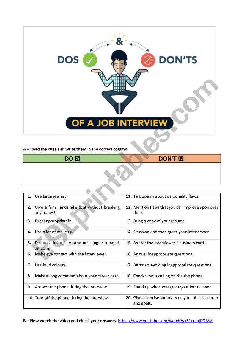 job interview: dos and donts worksheet