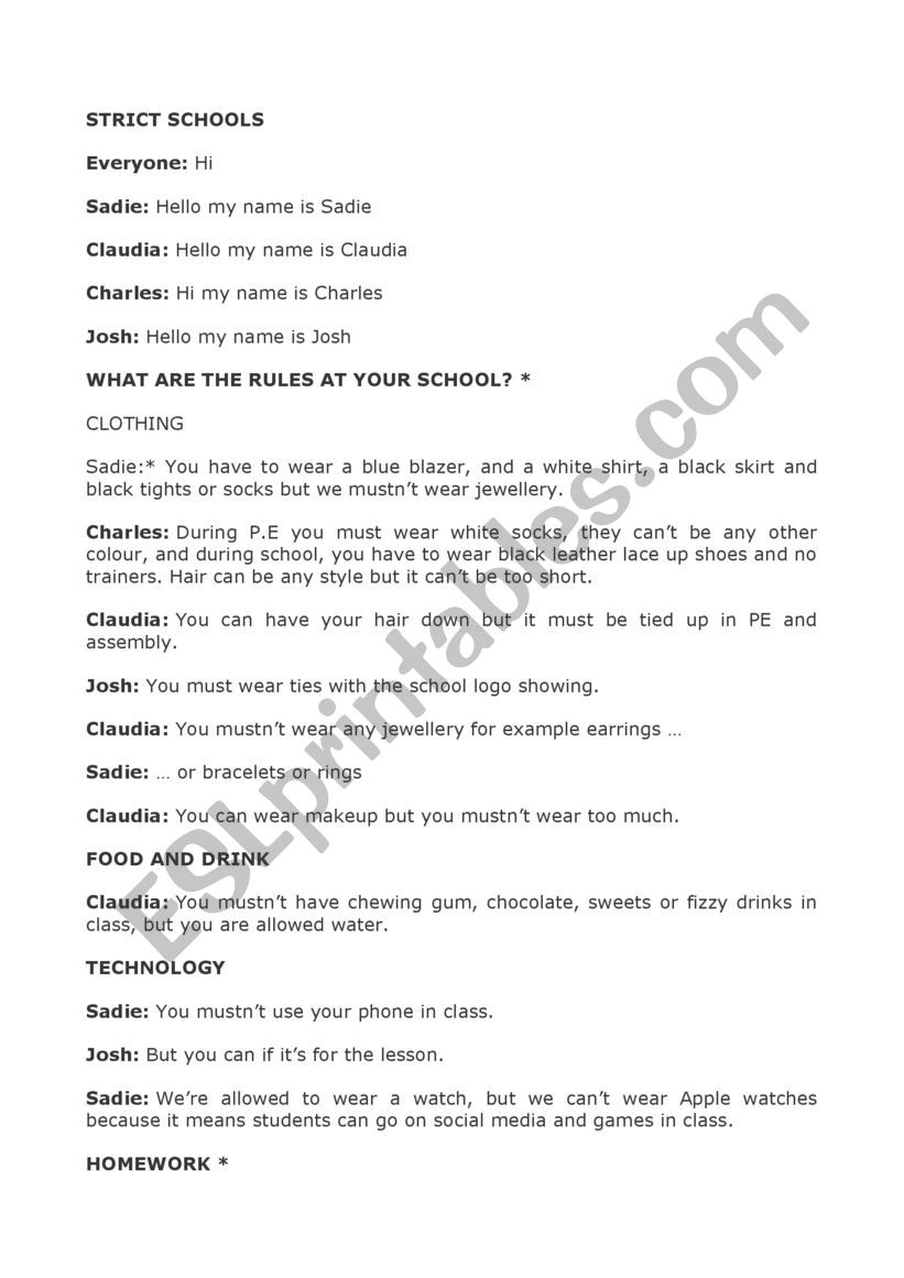 School rules worksheet