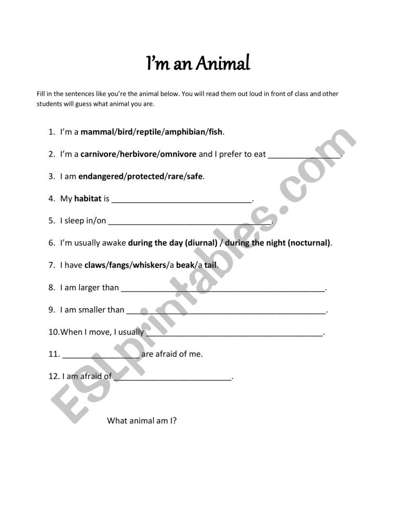 I�m an Animal  worksheet