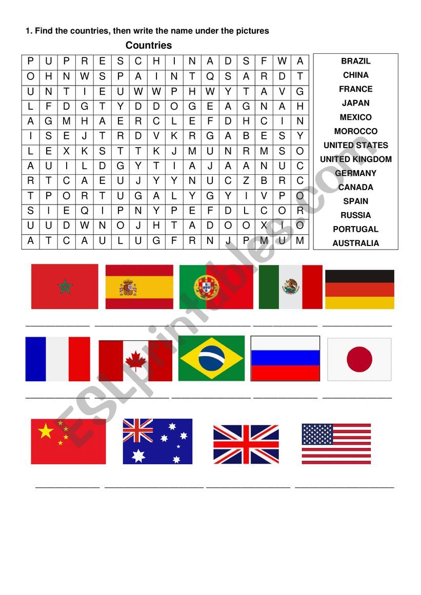 countries wordsearch worksheet