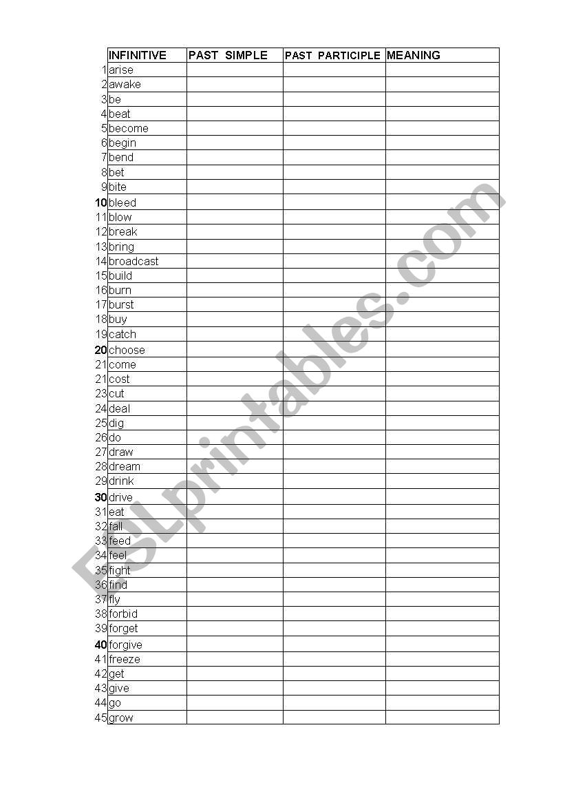 Irregular Verbs TEST worksheet