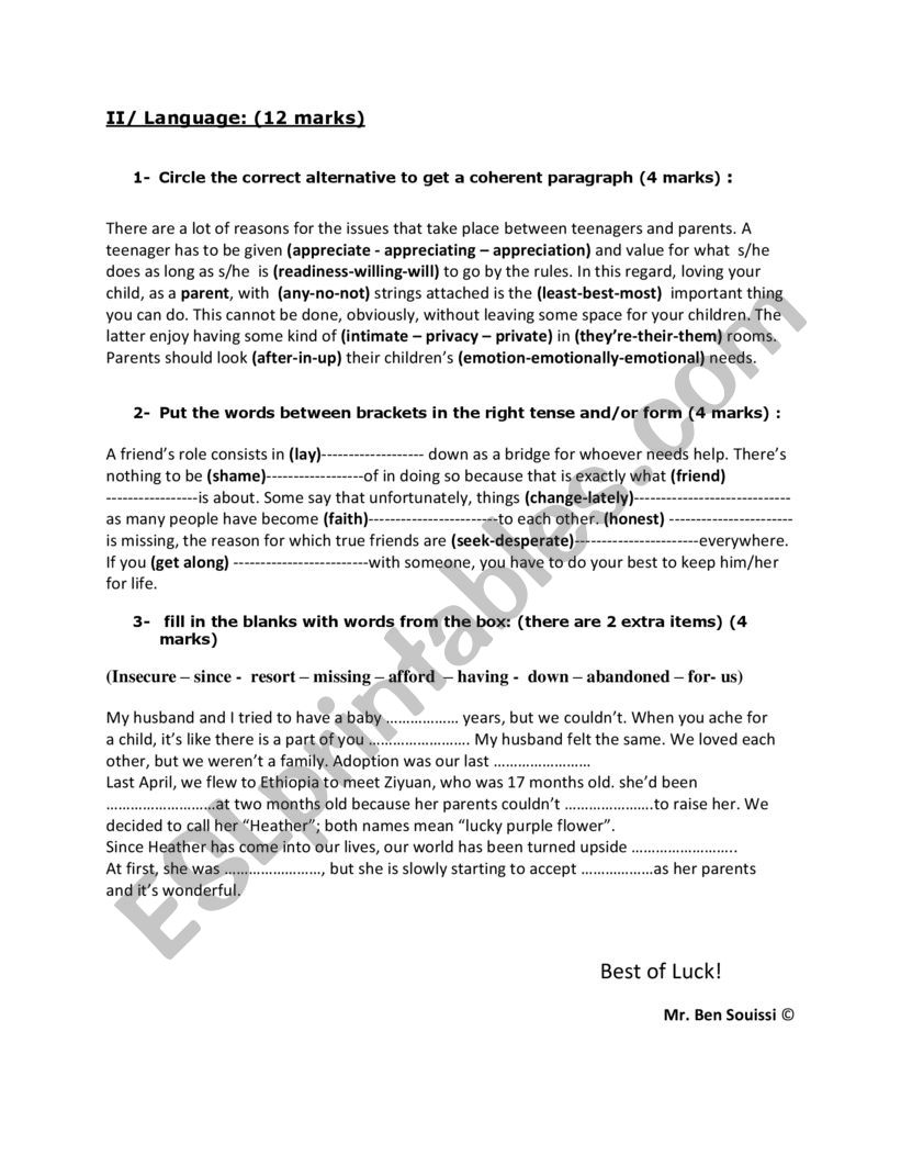 Mid-Term Test 1 worksheet