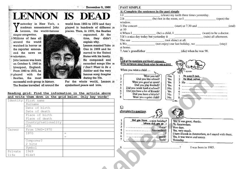 Lennon is Dead worksheet