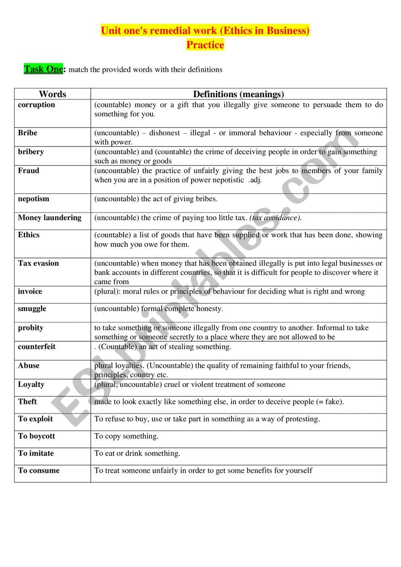unit onei s remedial work ethics in business esl worksheet by nounaone333