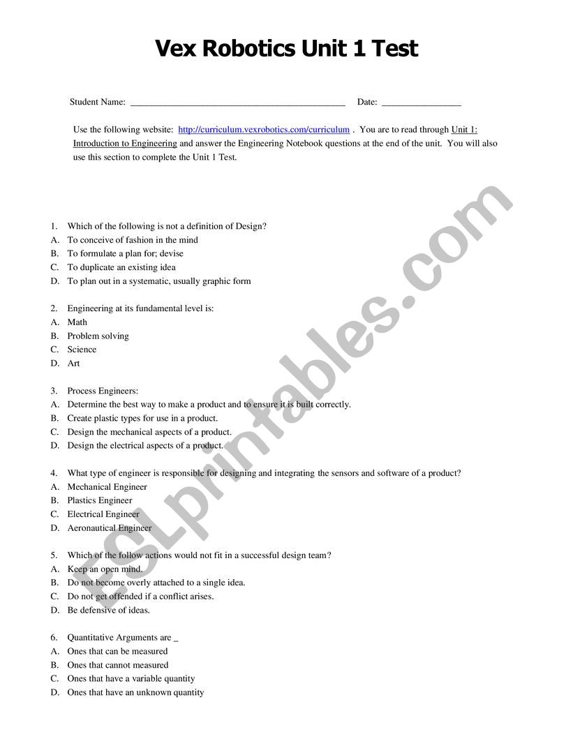 Vex Robotics Unit 1 worksheet
