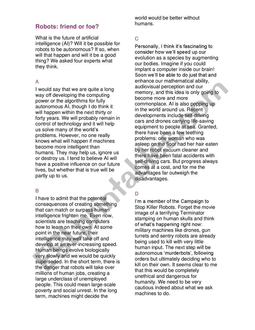Robots Reading worksheet