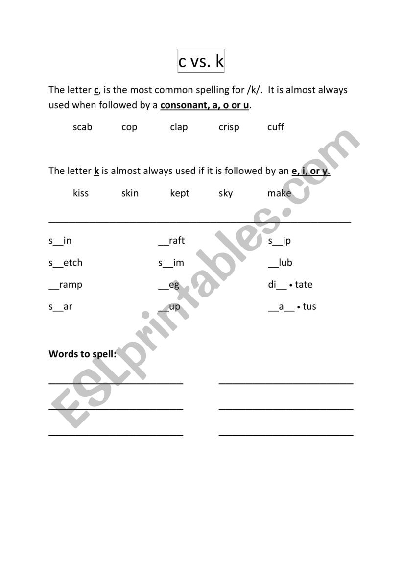 Spelling Rule: c or k worksheet
