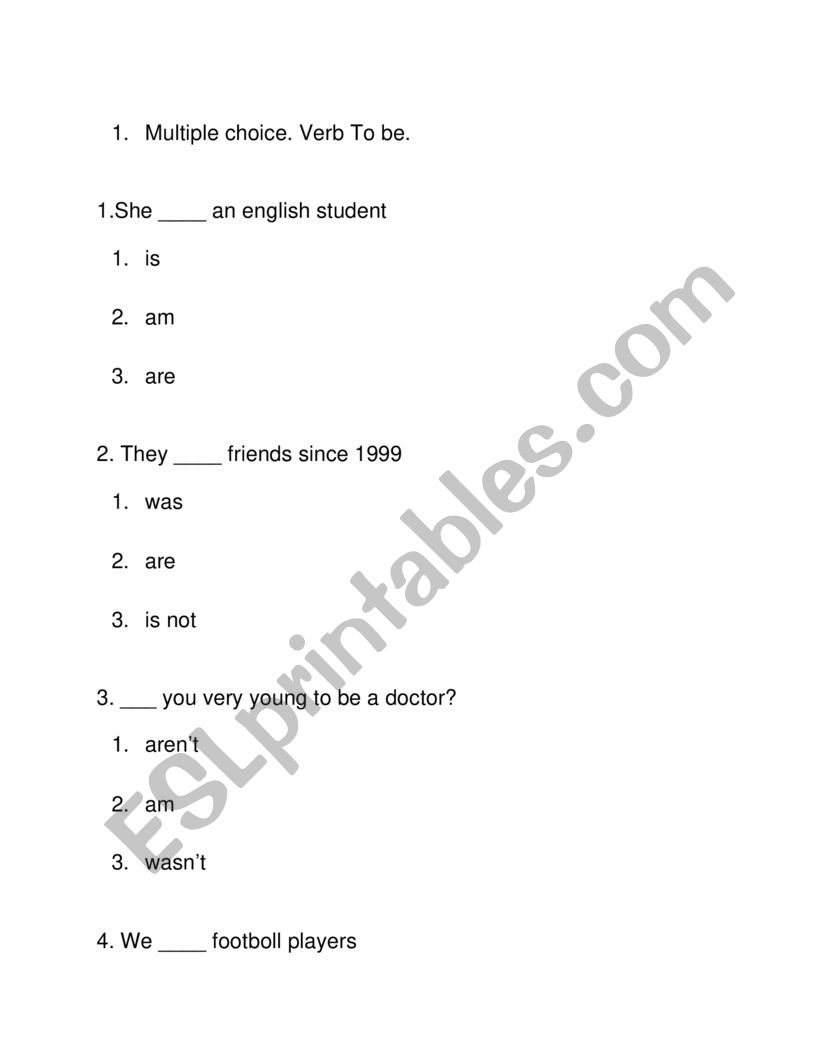 Verb To Be Multiple Choice Worksheets