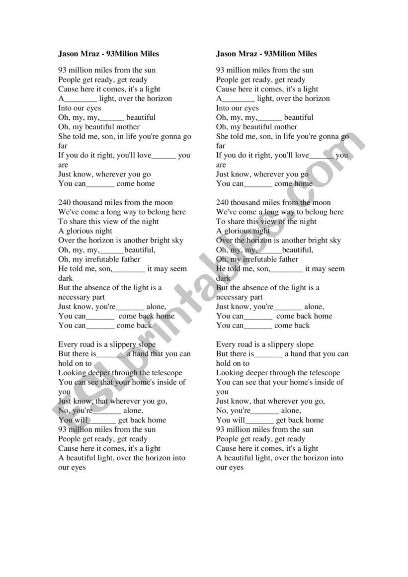 Jason Mraz song  worksheet