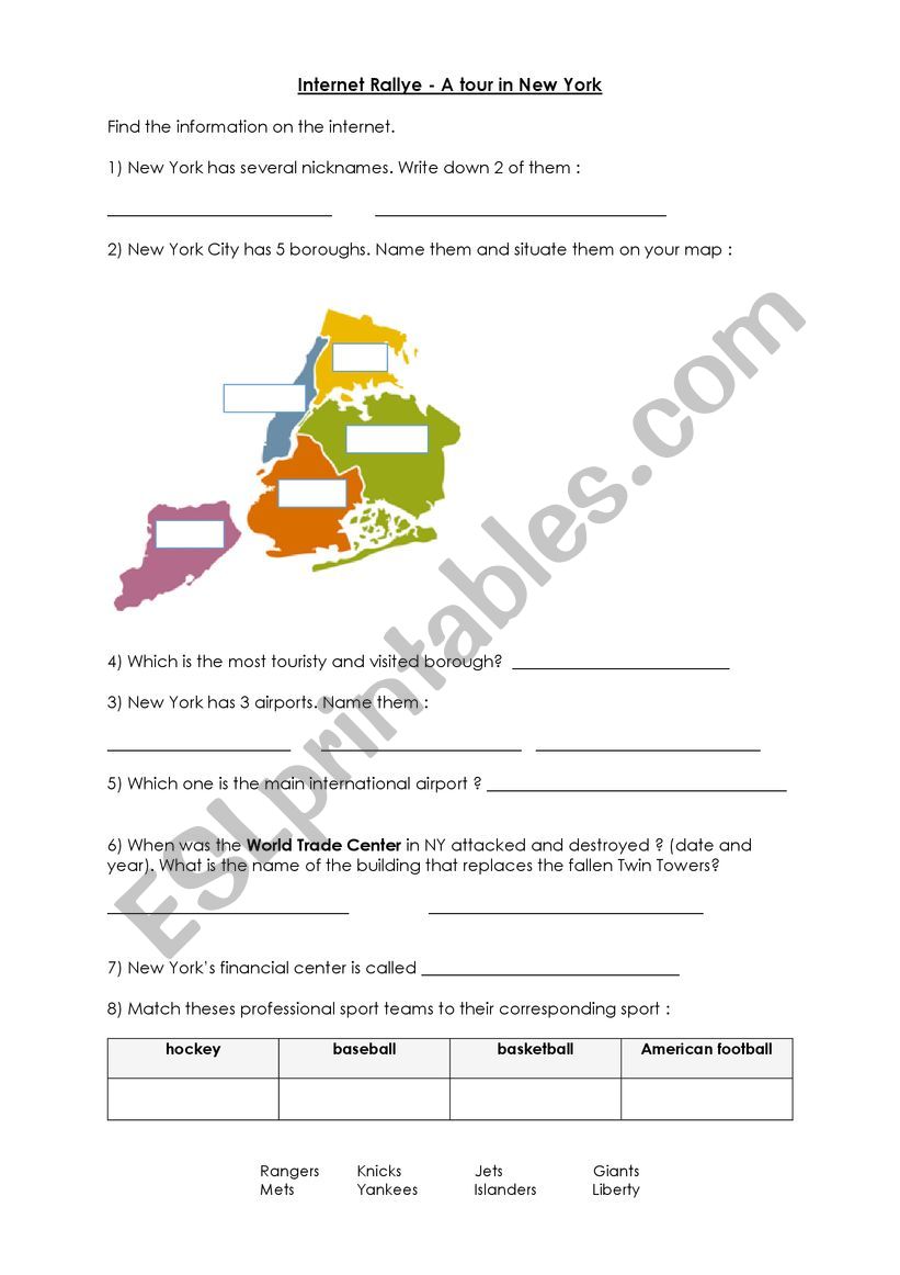 A tour in NYC - Internet quiz worksheet