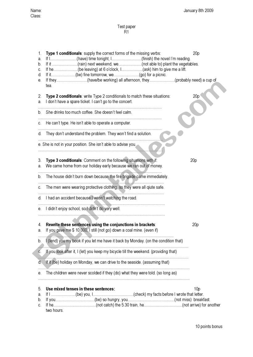 Conditional sentences test worksheet