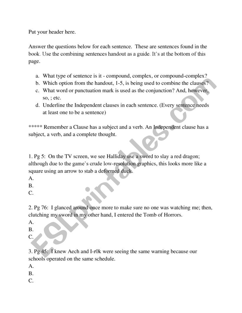 Ready Player One Combining Sentences with handout.