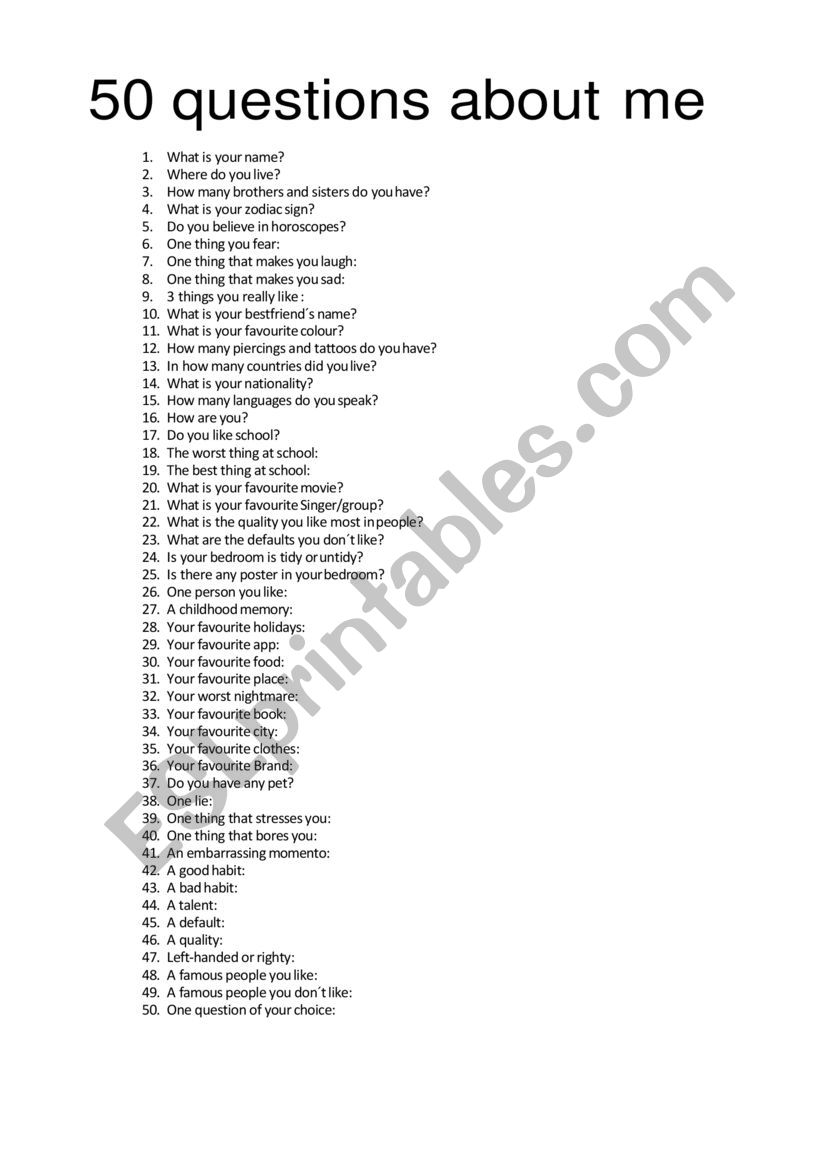 50 questions about me worksheet