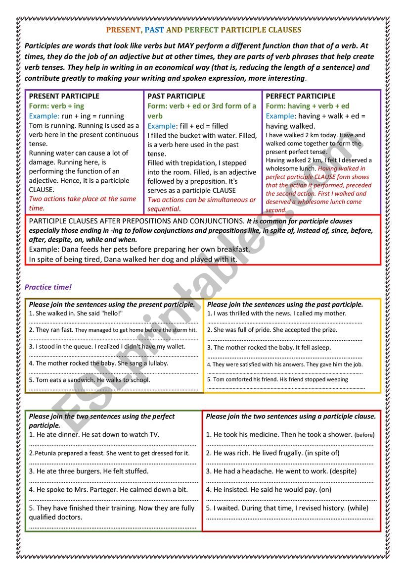 PRESENT, PAST AND PERFECT PARTICIPLE CLAUSES