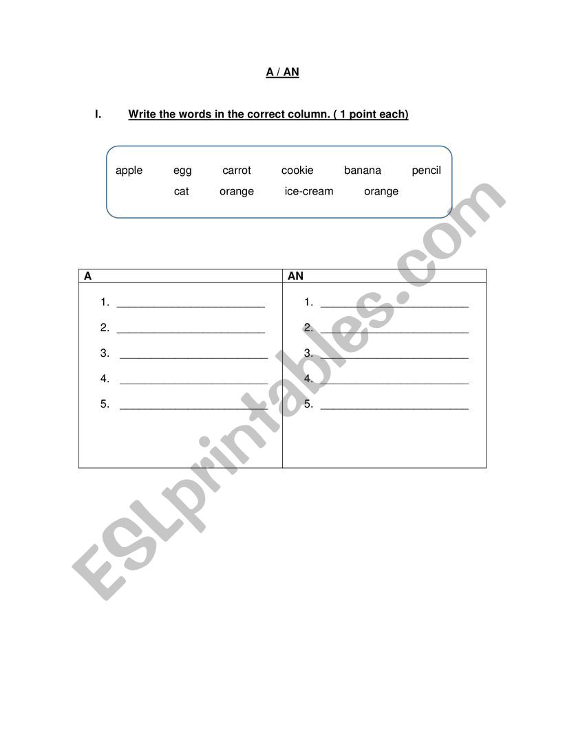 A / AN worksheet