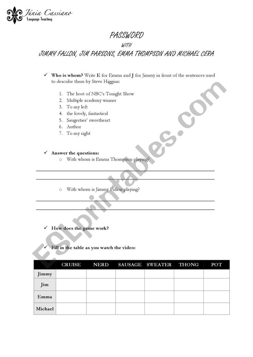 Jimmy Fallon�s Password   worksheet