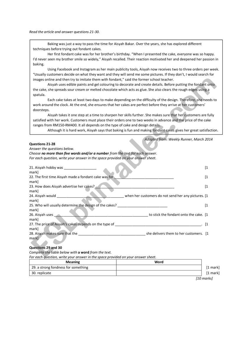 BAKING worksheet