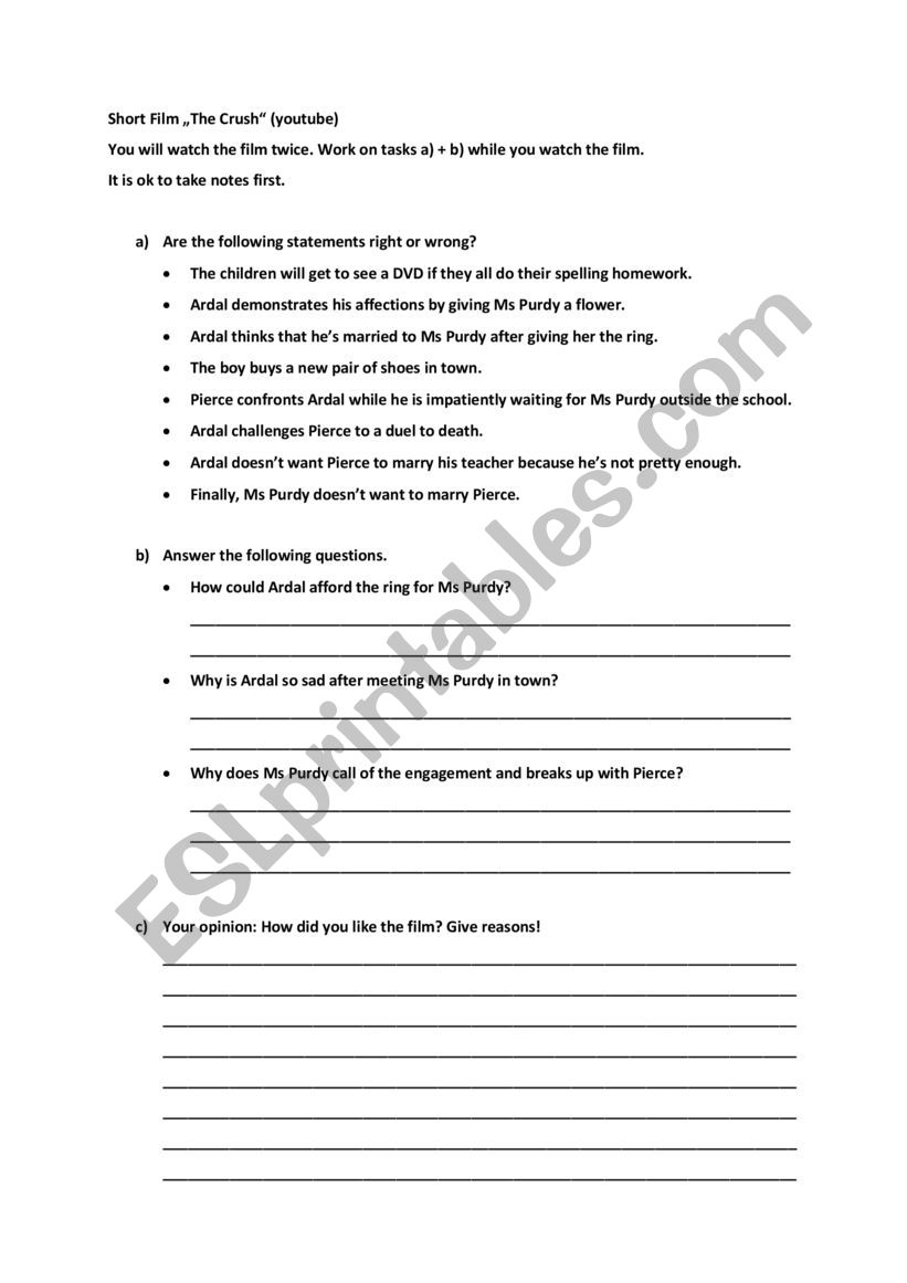Short Film: The crush worksheet