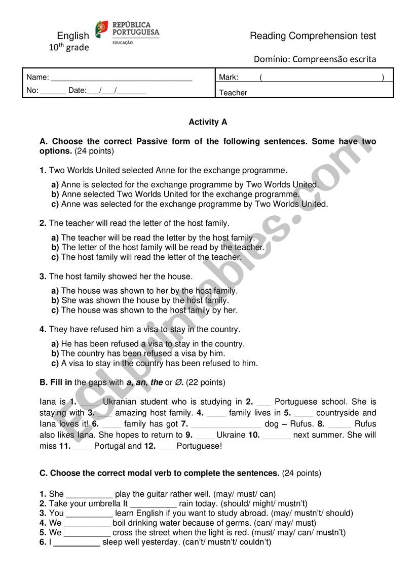 Test paper - Teen worries worksheet
