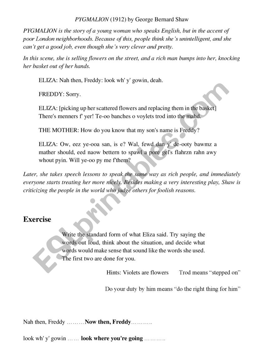 Shaw�s Pygmalion worksheet