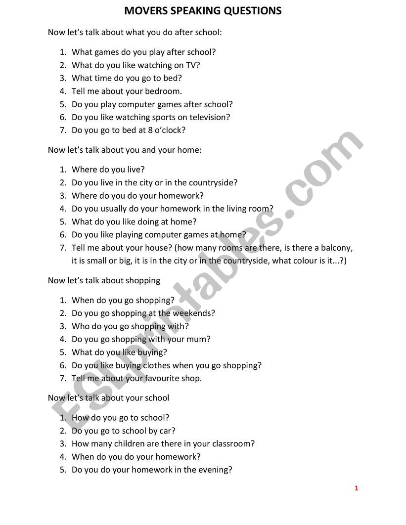 movers speaking practice worksheet