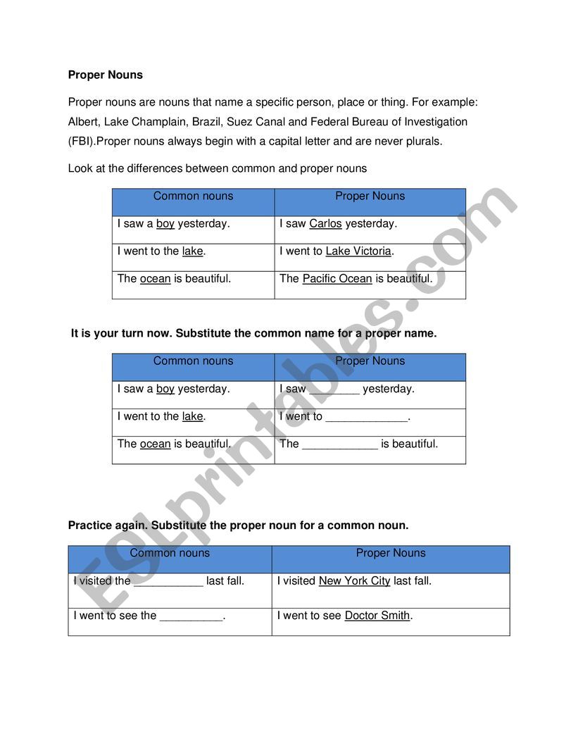 Proper nouns lesson worksheet