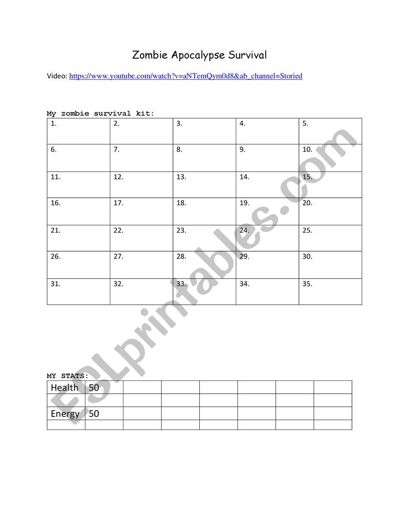 Zombie Apocalypse Survival worksheet