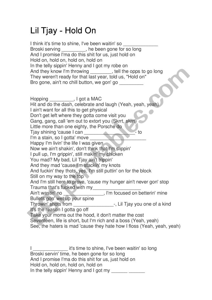 Hold on LilTj worksheet song worksheet