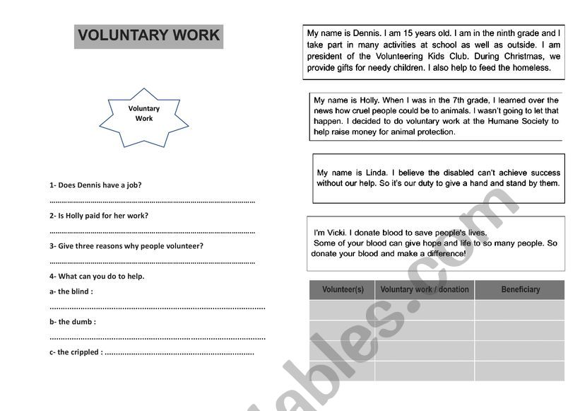 voluntary work worksheet