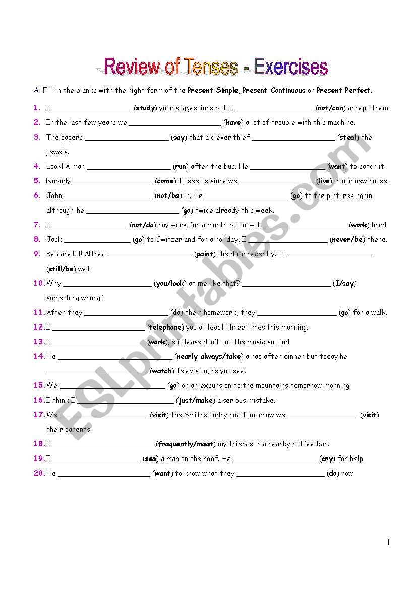 Tense revision worksheet