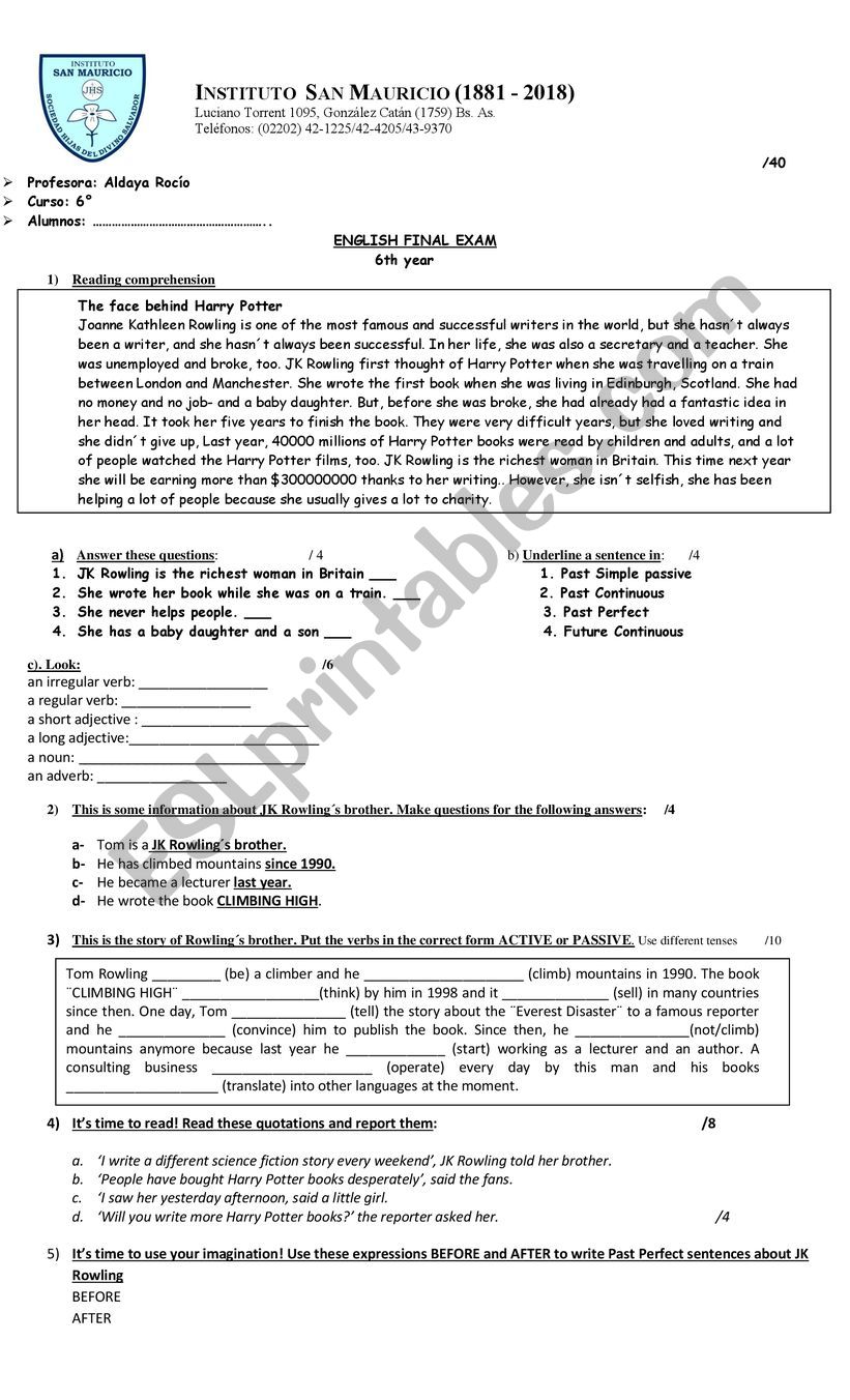 final exam 6th year worksheet