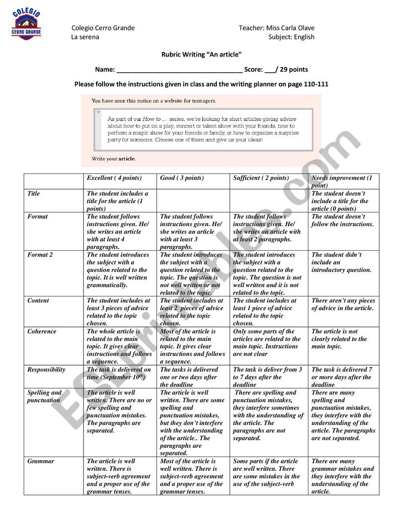 Writing rubric worksheet