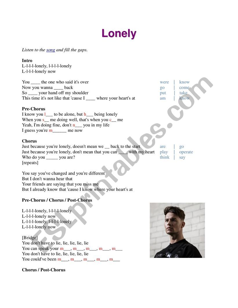 Lonely - Joel Corry worksheet