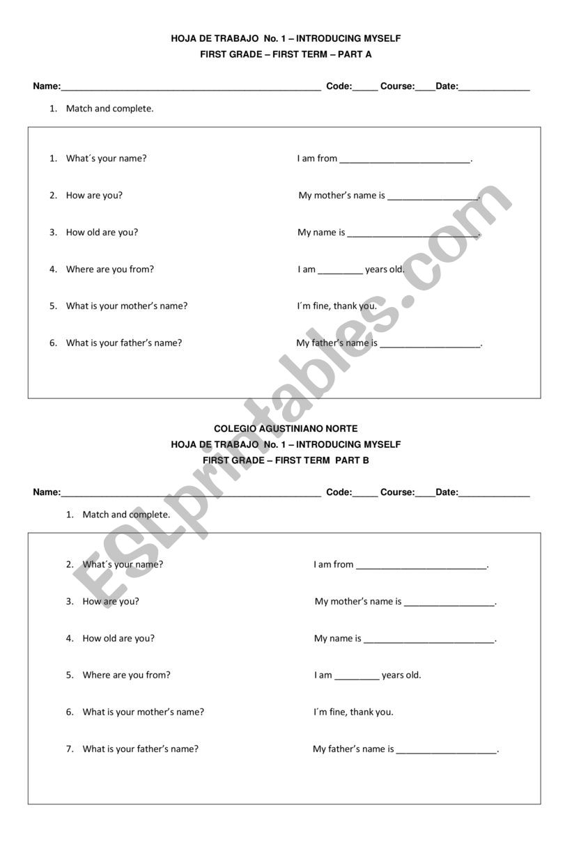 Introducing my self worksheet