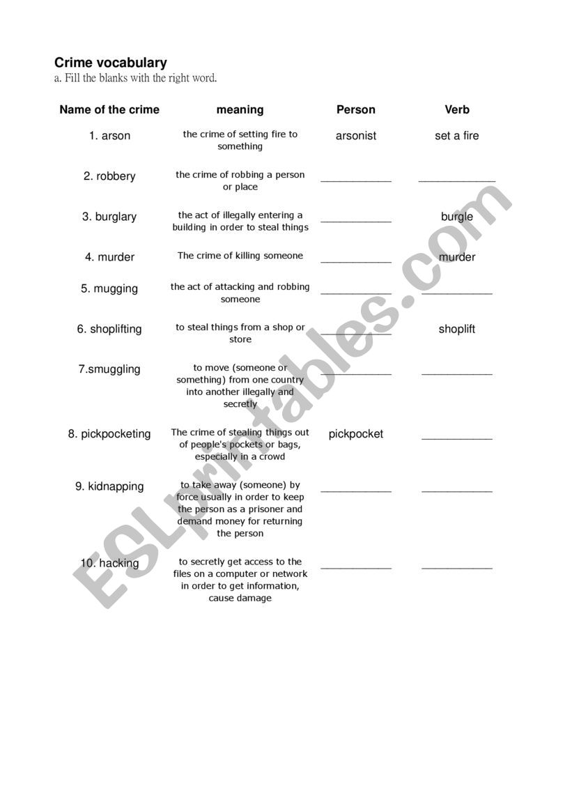 Crime vocabulary  worksheet