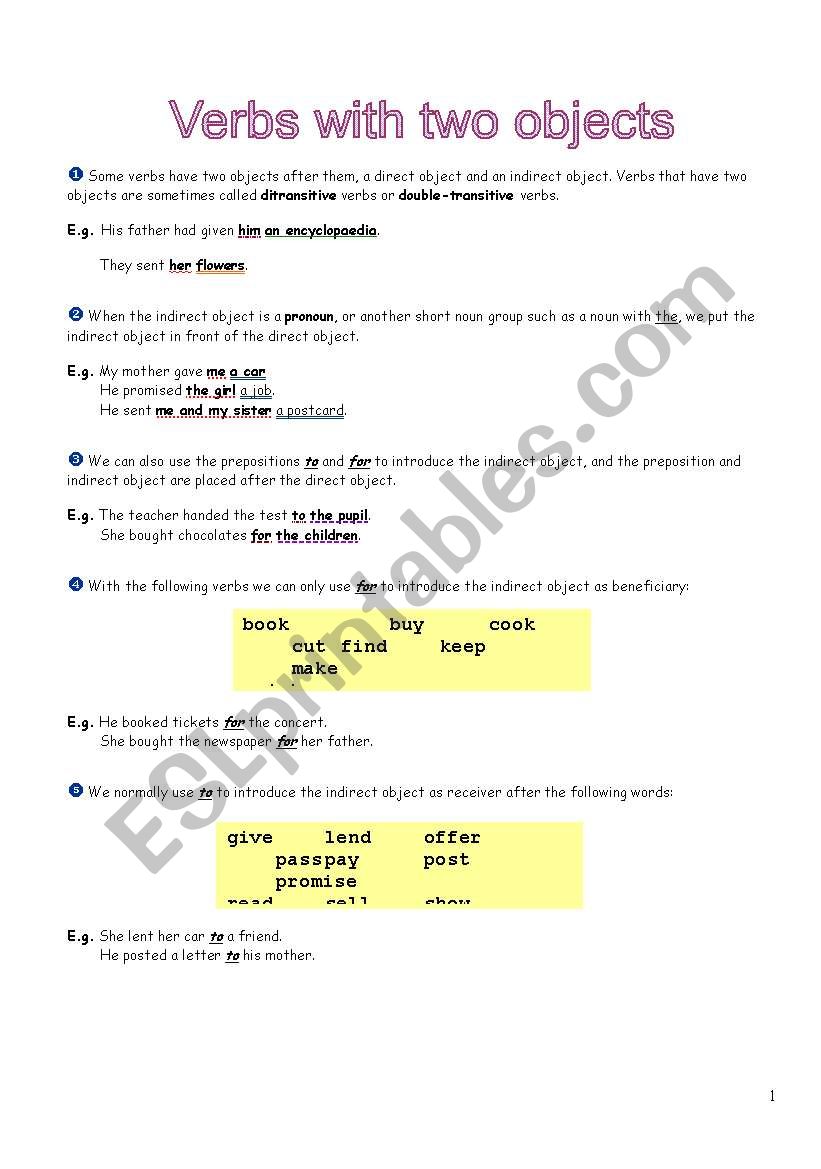 Verbs with two objects worksheet