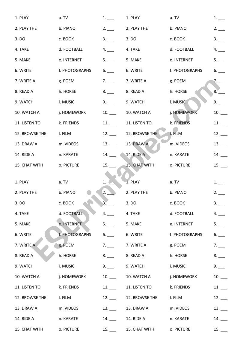 Verb+noun activities worksheet