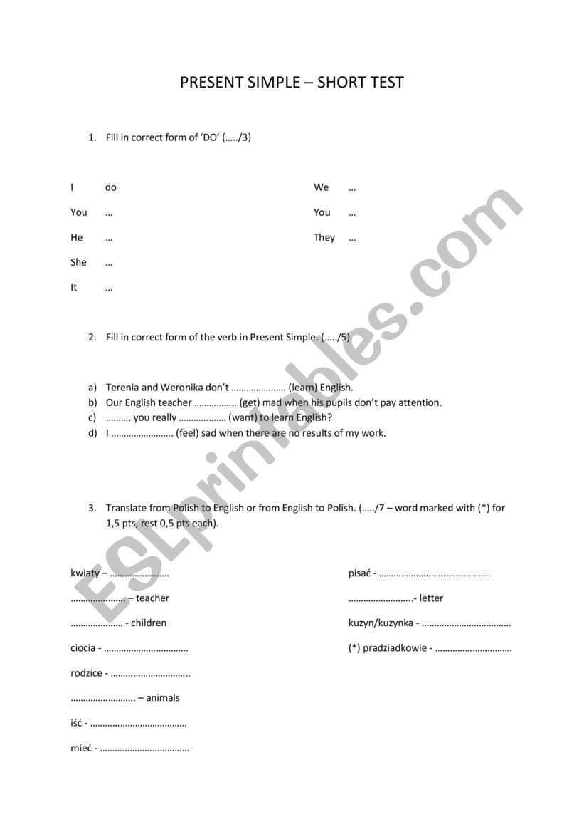 Present Simple - short test worksheet
