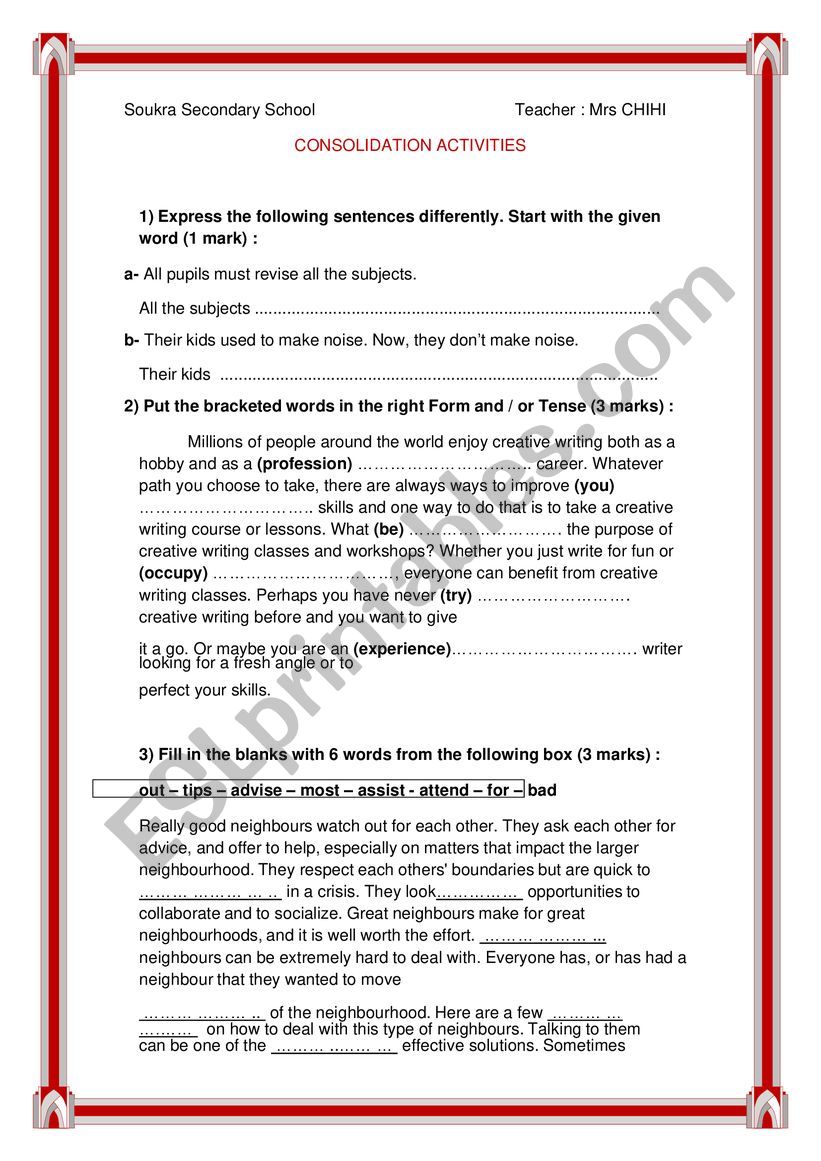 consolidation First year  worksheet