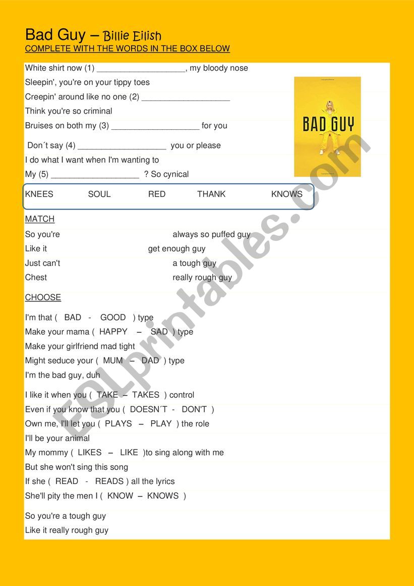 Bad guy worksheet