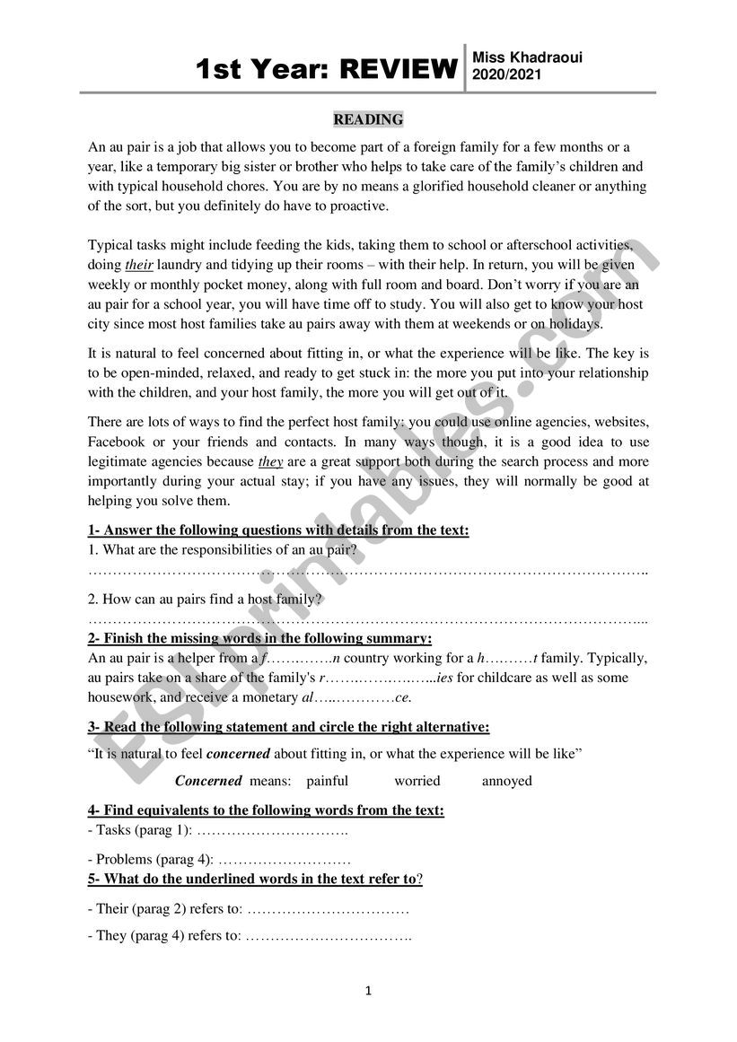 1st year - term 3: Review worksheet