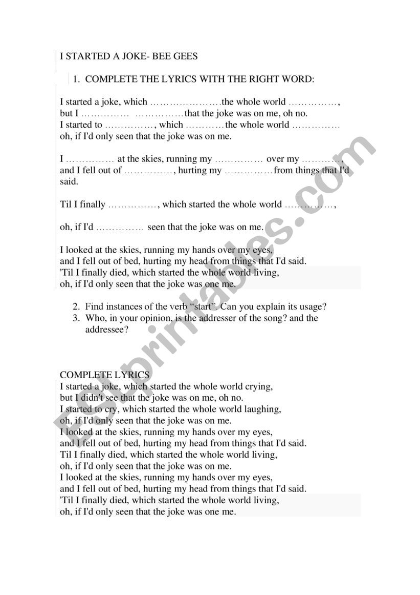 I Started a Joke  worksheet