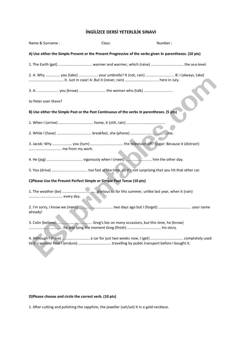 english exam for 9.th grade worksheet