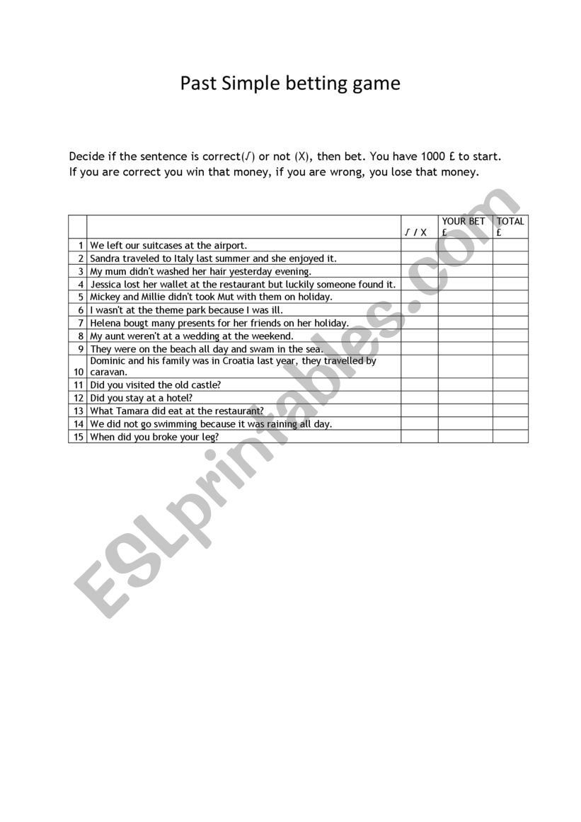 Past Simple betting game worksheet Past Simple betting game worksheet