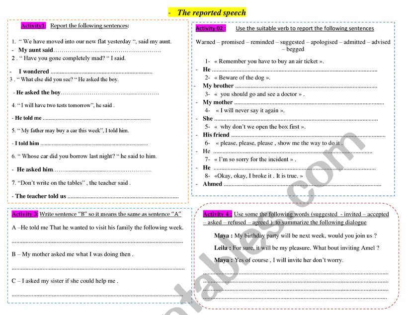 -	The reported speech  worksheet